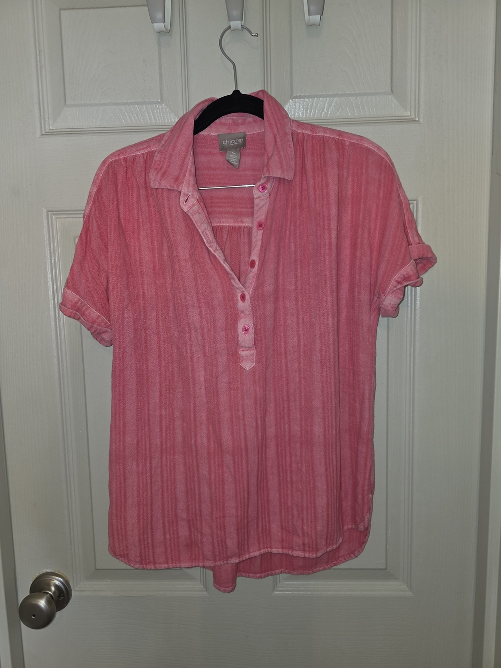 Chico's Bright Pink Stripped Tunic Polo Short Sleeve